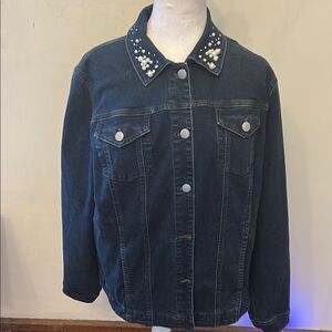 Chico's Dark Denim Jacket with faux diamonds and pearls on collar Size 2 EUC